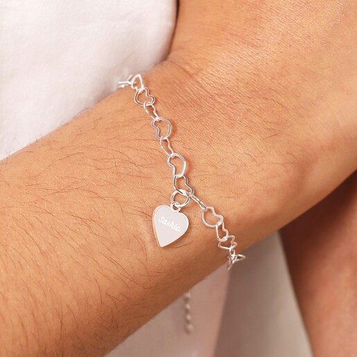 Close up Model Shot of Personalised Name Heart Chain Bracelet in Silver 