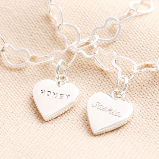 Close Up of Personalised Name Heart Chain Bracelet in Silver