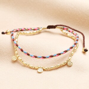 Pink and Brown Cord Double Layer Beaded Bracelet in Gold