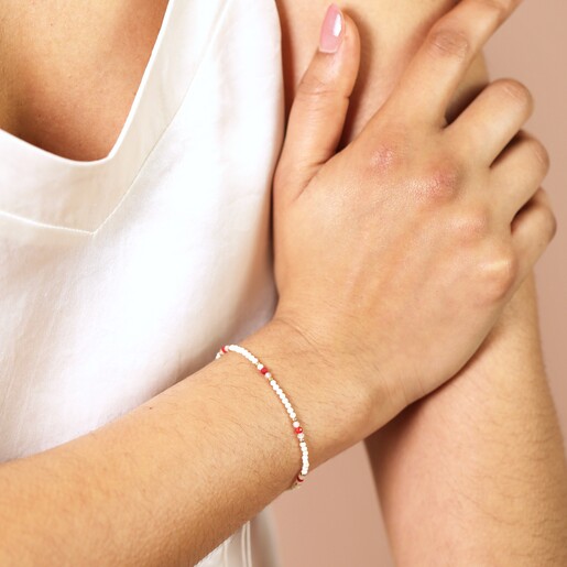 Model shot Pull Cord White and Red Beaded Bracelet on a model
