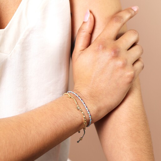 Model shot Purple and Blue Cord Double Layer Beaded Bracelet in Gold on a model