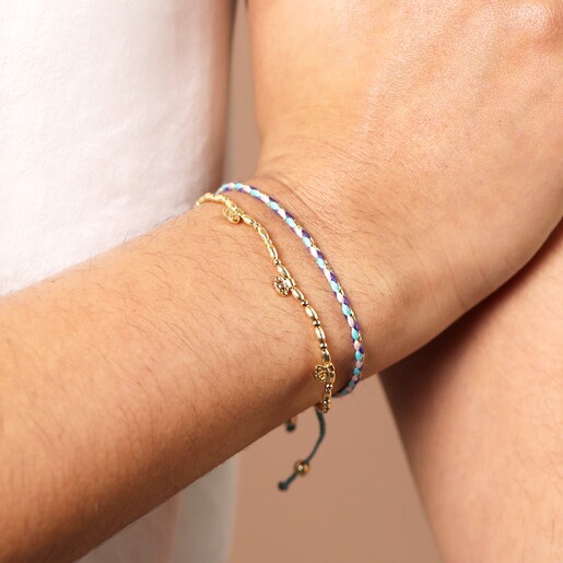 Model shot Purple and Blue Cord Double Layer Beaded Bracelet in Gold on a model