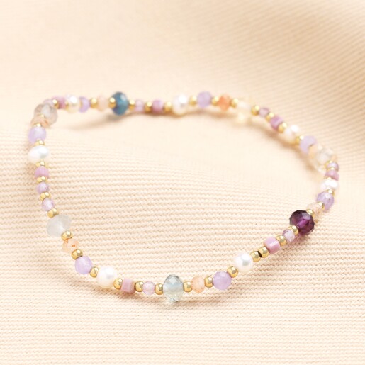 Purple and Blue Semi Precious Bead and Pearl Bracelet in Gold