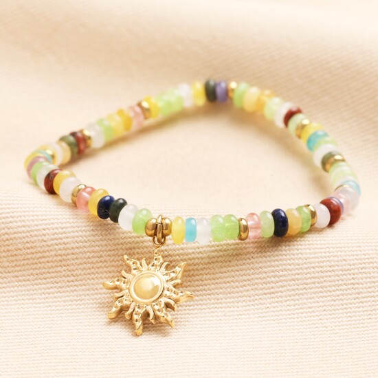 Semi Precious Beaded Sun Charm Bracelet in Gold