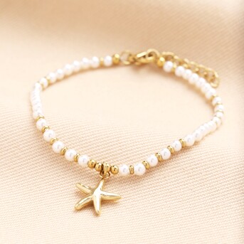 Stainless Steel Beaded Pearl Starfish Pendant Bracelet in Gold 