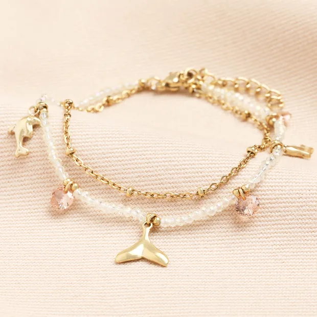 Stainless Steel Double Layer Dolphin Charm Bracelet in Gold Stainless Steel Double Layer Dolphin Charm Bracelet in Gold