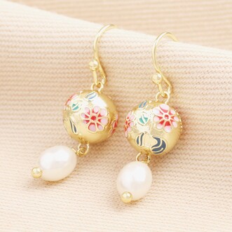 Cloisonne Ball and Pearl Drop Earrings in Gold