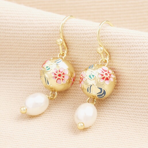 Cloisonne Ball and Pearl Drop Earrings in Gold