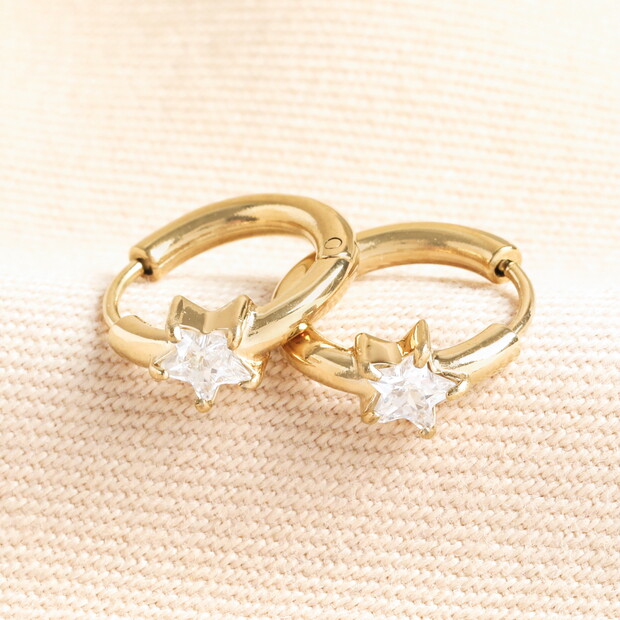 Stainless Steel Crystal Star Huggie Hoop Earrings in Gold Stainless Steel Crystal Star Huggie Hoop Earrings in Gold