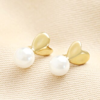 Stainless Steel Heart and Pearl Earrings in Gold