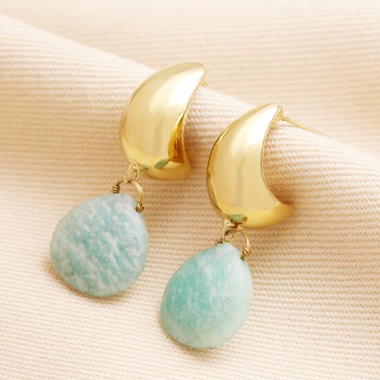 Semi Precious Amazonite Teardrop Drop Earrings in Gold