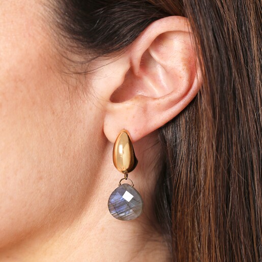 Close Up of Model Close Up of Semi-Precious Labradorite Teardrop Drop Earrings in Gold on Model