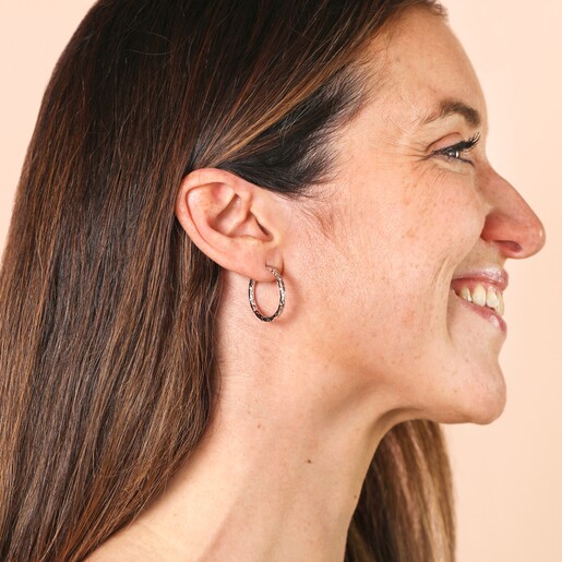 Stainless Steel Hammered Hoop Earrings in Silver on Model