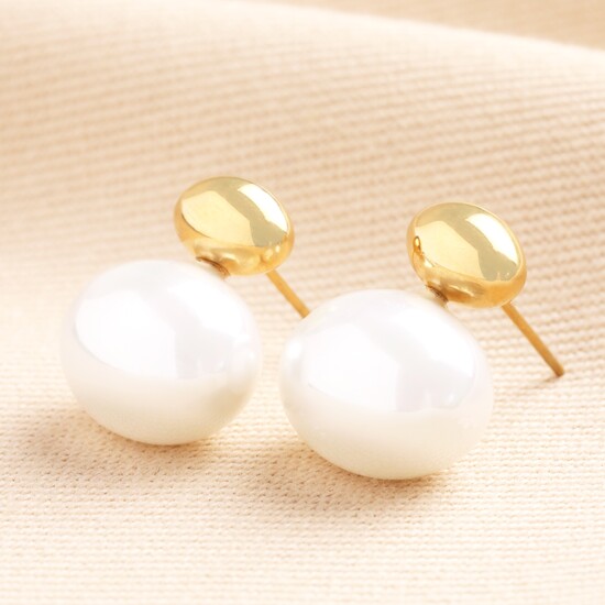 Stainless Steel Large Pearl Drop Earrings in Gold