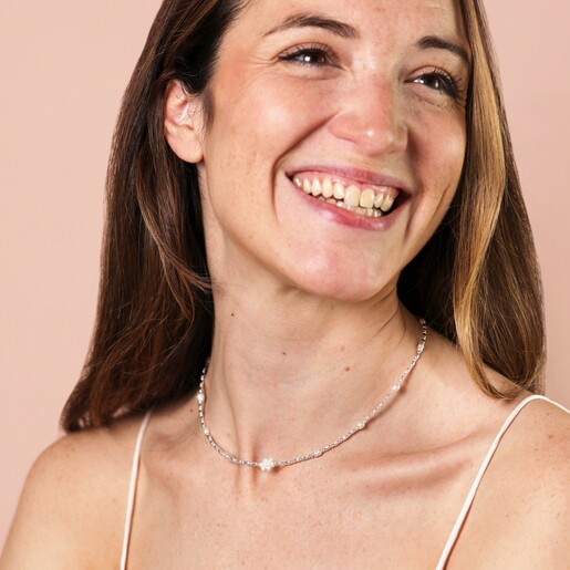 Model Shot Model Shot of Pearl and Daisy Beaded Necklace in Silver