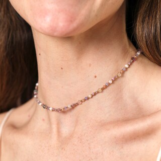 Semi Precious Pearl Purple and Blue Beaded Necklace in Gold