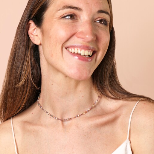 Model Shot of Purple and Blue Semi Precious Bead and Pearl Necklace in Gold