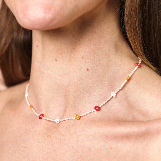 Model Shot Red and Orange Daisy Beaded Necklace on a model