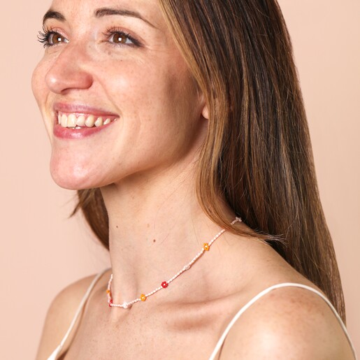 Model Shot Red and Orange Daisy Beaded Necklace On a model