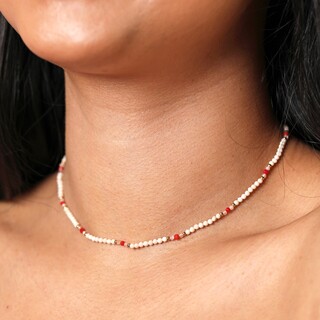Semi-Precious Red and White Beaded Choker in Gold