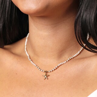 Stainless Steel Beaded Pearl Starfish Pendant Necklace in Gold
