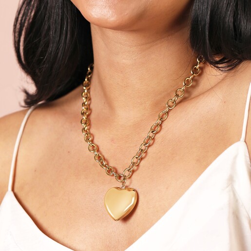 Stainless Steel Chunky Heart Pendant Necklace in Gold