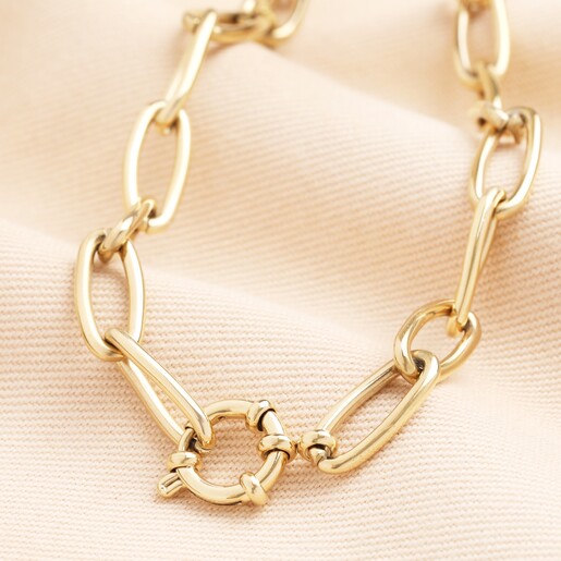 Stainless Steel Chunky Paperclip Chain Necklace in Gold The necklace features oversized paperclip chains interlocking.