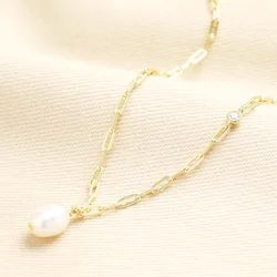 Sterling Silver Paperclip Pearl Pendant in Gold