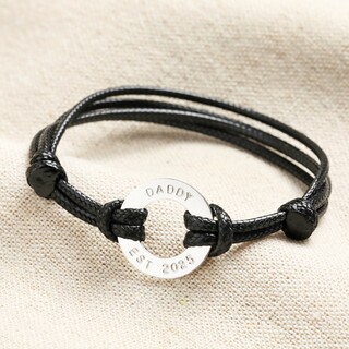 Men's Personalised Sterling Silver Circle Charm Bracelet in Black 