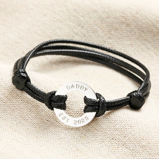 Men's Personalised Sterling Silver Circle Charm Bracelet in Black 