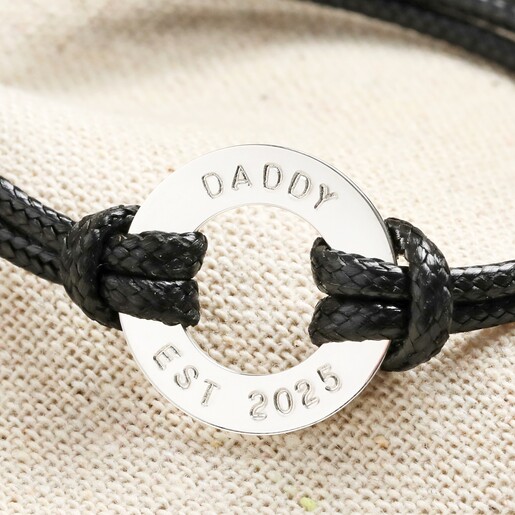 Men's Personalised Sterling Silver Circle Charm Bracelet in Black 