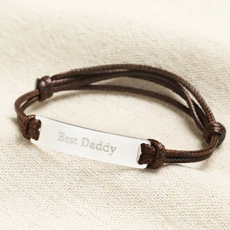 Men's Personalised Sterling Silver ID Cord Bracelet in Brown