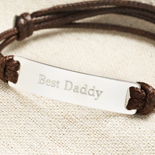 Men's Personalised Sterling Silver ID Cord Bracelet in Brown 