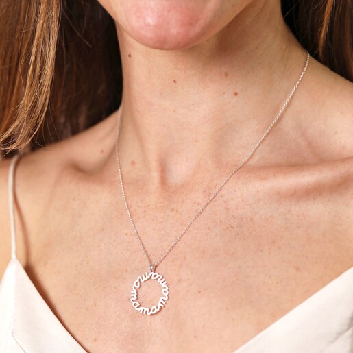Close Up Model Shot Close Up of Sterling Silver Mama Circle Pendant Necklace in Silver