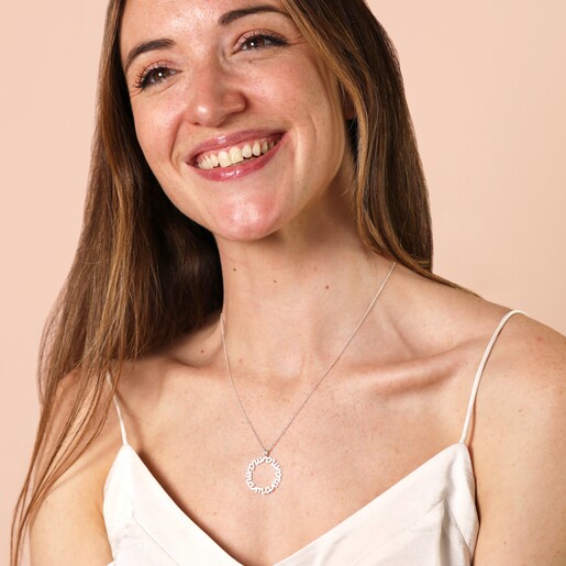 Model Shot  Model Shot of the Sterling Silver Mama Circle Pendant Necklace in Silver