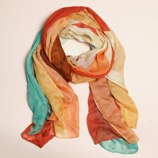 Abstract Red and Blue Colour Block Scarf on a neutral background