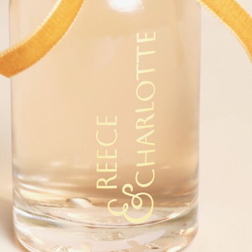 Close Up of 200ml Pink Gin Personalisation Close Up of 200ml Personalised Couples Names and Bow Gin