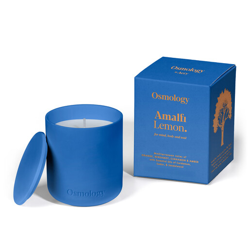 Blue packaging from Osmology candle