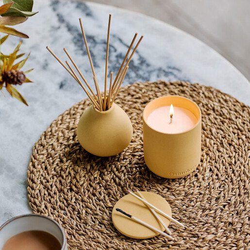 vanilla candle housed in a clay pot