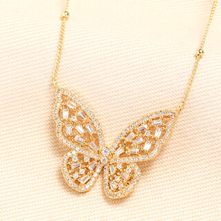 Crystal Butterfly Charm Satellite Chain Necklace in Gold