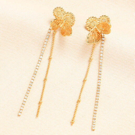 Butterfly and Crystal Drop Earrings in Gold
