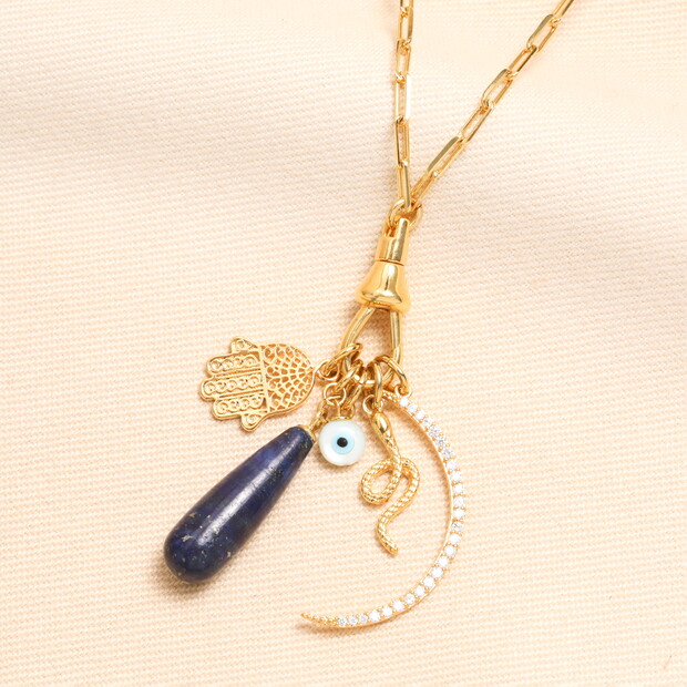 Semi Precious Celestial Moon Charm Necklace in Gold