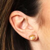 Model Wearing Small Shell Shaped Studs with Pearl Infills in Lobe