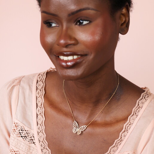 Crystal Butterfly Charm Satellite Chain Necklace in Gold