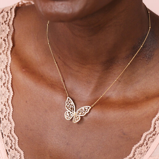 Crystal Butterfly Charm Satellite Chain Necklace in Gold