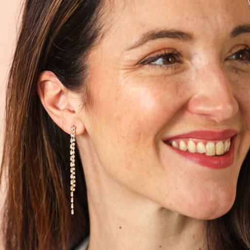 Dangly Sparkly and Pearl Drop Stud Earrings in Gold on Model