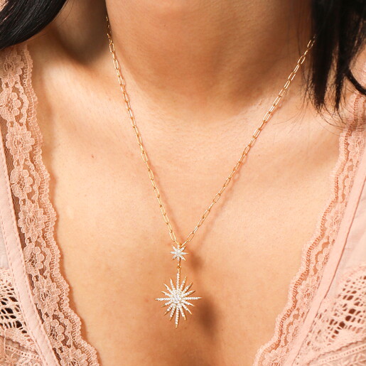 Cubic Zirconia Double Star Pendant Necklace in Gold