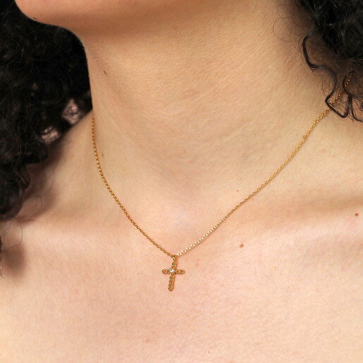 Diamonte Chain Cross Pendant Necklace in Gold