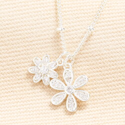 Double Flower Charm Necklace in Silver
