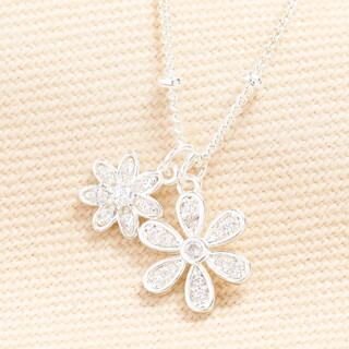 Double Flower Charm Necklace in Silver